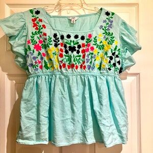Embroidered flutter sleeve blouse